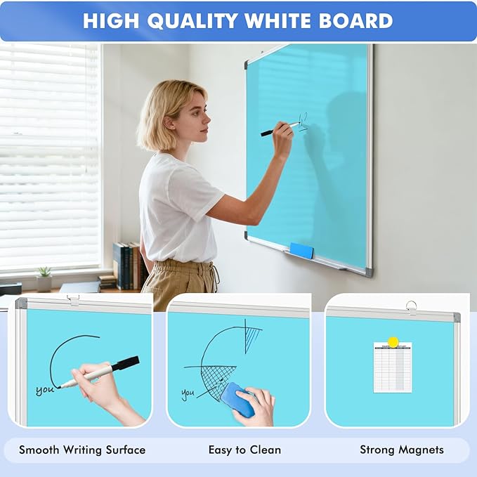 WALGLASS Magnetic Whiteboard 24"x18" Dry Erase White Board for Walls with Pen Tray, Aluminium Frame and Dry-Wipe Writing Surface for School, Home, and Office (Blue)