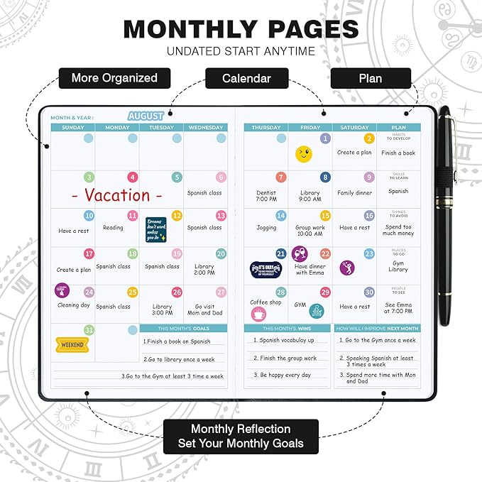 Undated 12 Month Planner Hardcover (5.5x8.5") - Weekly & Monthly Academic Life Organizer, Productivity Journal, Thick Paper, Sticker, Bookmark, Pen Loop(BLack)
