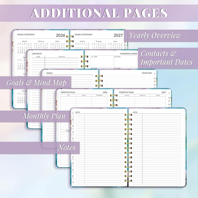 Lonely Oak Academic Planner 2026-2027, Daily Weekly and Monthly Agenda Planner 6.18" x 8.5" with Tabs, 12 Months Spiral School Year A5 Calendar from Jul.2026 to Jun.2027 for Student and Teacher (Cyan Marble)
