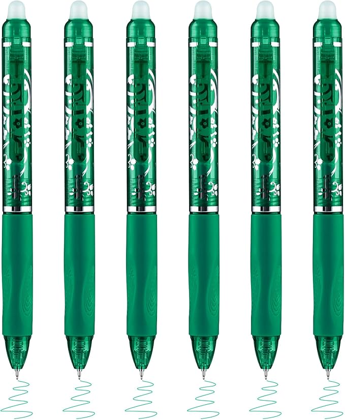6 Pcs Retractable Erasable Pens, Colored Gel Green Ink Pens Clicker with Erasers, 0.5mm Fine Point Smooth Writing Pen for Journaling Note-Taking Crossword Puzzles Supplies (Green)