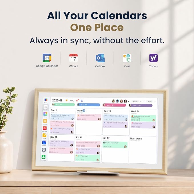 15.6-Inch Smart Digital Calendar & Photo Frame for Family, Wall Planner with Light Wood Frame, Auto-Sync to Apple, Google & Outlook, Touchscreen Display with Chore Chart, To-Do Lists & Meal Planner, No Subscription