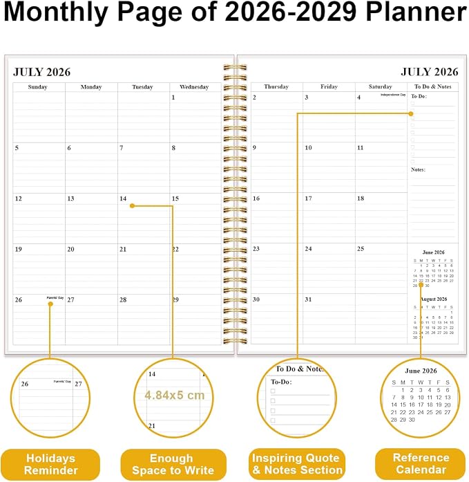 2026-2029 Monthly Planner, 3 Years Calendar from July 2026 - June 2029 with Spiral Binding, Inner Pocket, Elastic Closure, 33 Month Planner for Home | School | Office, 8.5" x 11", White Gold Leaf