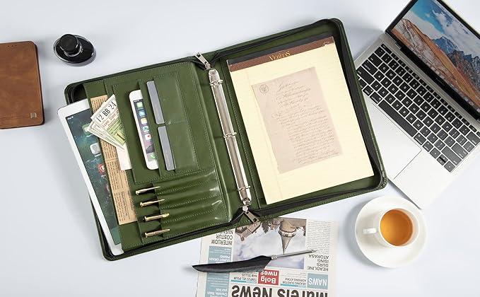 AZXCG Leather Binder Portfolio, Zippered 3 Ring Binder Padfolio, Vegan Leather Resume Portfolio, Business Document Organizer Folder for A4 Legal Pads, Gift for Women/Men, Green