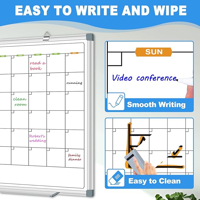 Calendar Whiteboard for Wall, 2 Month Calendar Dry Erase Board 36 X 24 Inch, Silver Aluminum Frame Hanging or Wall Mount Board with 2 Eraser, 8 Marker, 12 Magnet