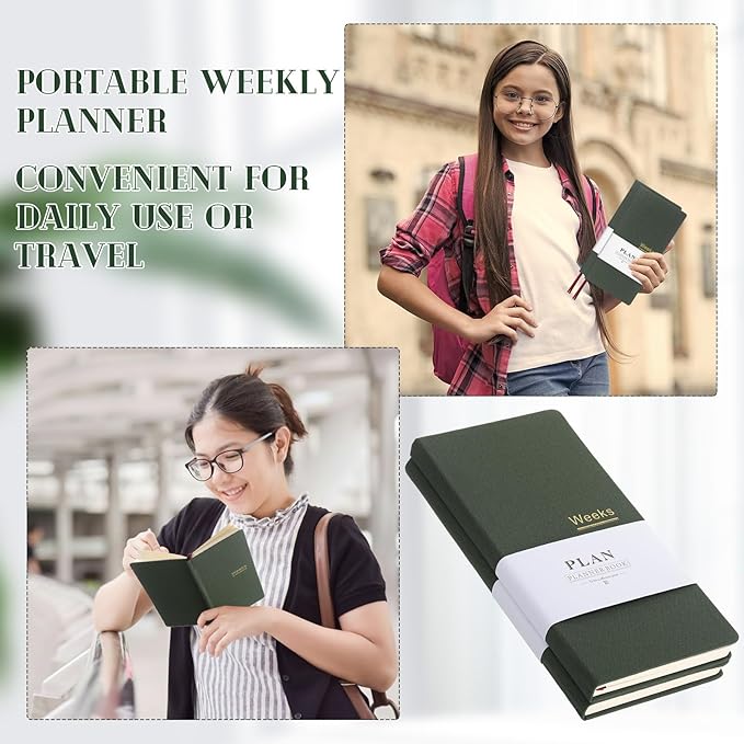 Fuyoooo 2 Pcs Weeks Planner Gift for Christmas, A6 / 3.9x7.4 inch Portable Planner Undated Pocket Size Calendar Year Month Week Mini Slim Notebook Journal Schedule for Traveler Office (Olive Green)
