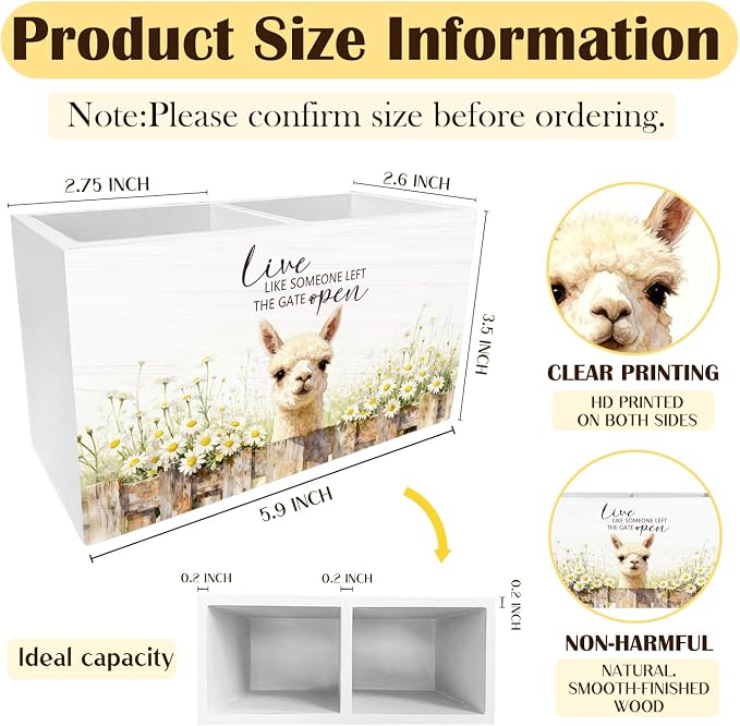 Rustic Daisy Floral Alpaca Pen Holder for Desk, Alpaca Llama Gifts Pencil Organizer, Live Like Someone Left the Gate Open Wooden Box Sign Desk Decor for Home Office Decoration