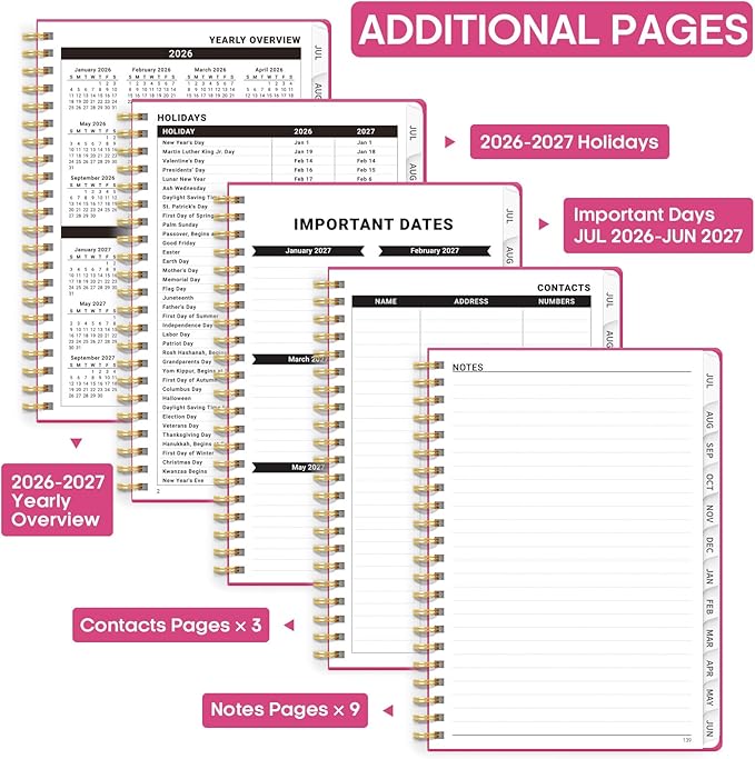 Academic Planner 2026-2027, Weekly and Monthly Calendar Planner Book, July 2026 – June 2027, Hardcover Organizer with Tabs, Perfect for Teachers, Students, Women & Men, A5 (6.4" x 8.5") - Hot Pink