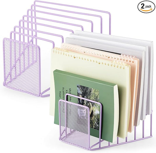 2 Pcs 7 Section Wire File Organizer for Desk, Metal Mesh Incline File Holder, Letter & Magazine Folder Rack, Desktop Paper Sorter for Home Office Back to School (Purple)