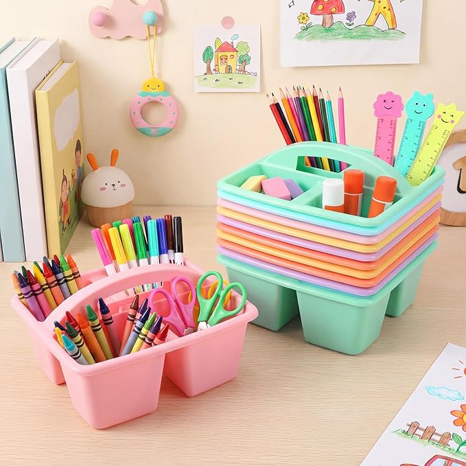 Lineshading 12 Pack Plastic Classroom Caddy - 4 Compartment Organizer Boho Color Table Caddy with Handles for School Home Office Supplies (Yellow,Green,Blue,Pink,Red,Orange)