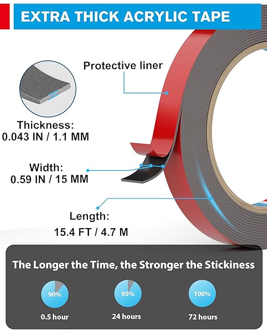 EMITEVER Double Sided Tape Heavy Duty, Tesa Adhesive Mounting Tape Waterproof, 0.59IN x 15.4FT Strong Acrylic Foam Tape for Walls, Automotive, Home Office Decor