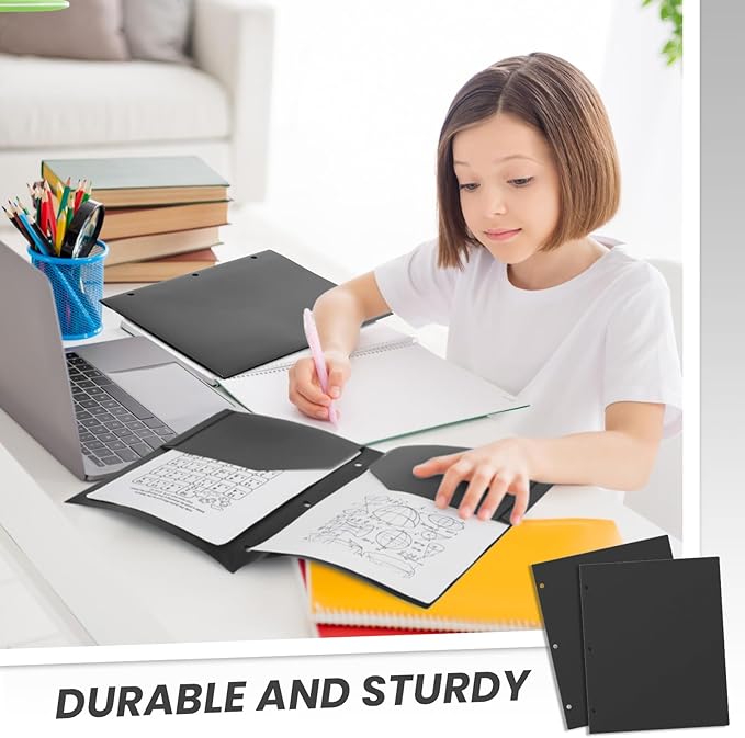 Yeaqee 50 Pcs Plastic Folders with Pockets Bulk 3 Hole Punched 2 Pocket File Folders for 3 Ring Binder Divider Folder for Notebooks, Durable Poly for Office Home (Black)