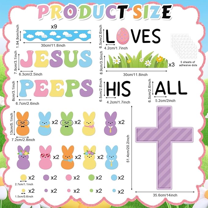 Easter Christian Bulletin Board Set Jesus Loves All His Classroom Decorations Bunny Cross Eggs Religious Bulletin Board Cutouts for Easter Spring Sunday School Church Chalkboard Decor Supplies
