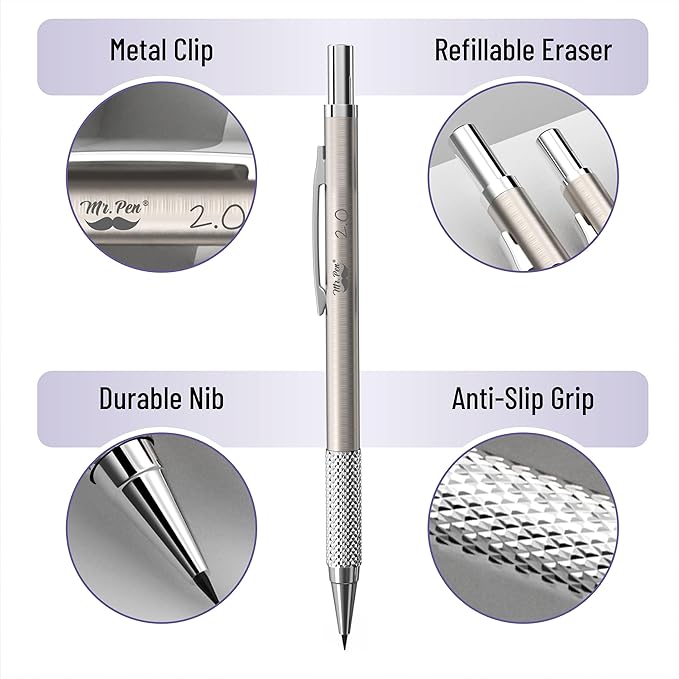 Mr. Pen- Metal Mechanical Pencil in Leather Case, 5 Pack, 5 Sizes, 0.3, 0.5, 0.7, 0.9 & 2mm, 6x Tubes Lead Refill, Erasers & Sharpener for School Supplies, Note Taking, Drawing, Sketching, Office