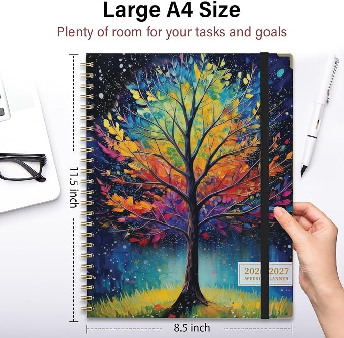 Academic Planner 2026–2027, A4 Hardcover Weekly Monthly Planner, Large 8.5" x 11" School Year Planner July 2026 to July 2027, with Bookmark, Pocket Folder and Sticky Notes, Tree Seasons