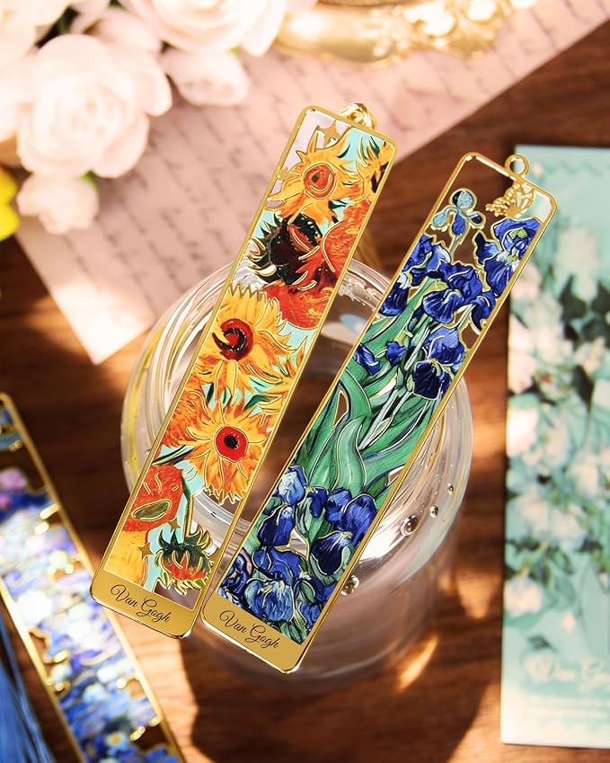 4 Pieces Metal Bookmarks with Tassel, Golden Hollow Bookmark Van Gogh Monet Oil Painting Theme Book Marker for Book Lovers Writers Readers Children Teens Men Women Adults