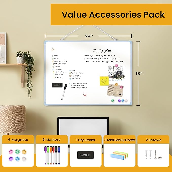 Dry Erase Board for Wall, 24" x 18" Double-Sided Hanging White Board with 6 Markers, 6 Magnets and 3 Mini Sticky Notes, Portable Whiteboard for Home, Office, School, Blue Frame