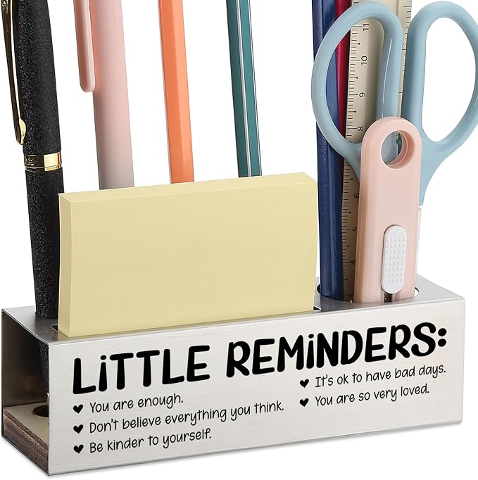 Inspirational Pencil Holder Desk Organizer with Little Reminders, Stainless Steel Office Supply Caddy for Women Men, Positive Message Teacher Coworker Gift, Laser Engraved Classroom Decor - FBA400