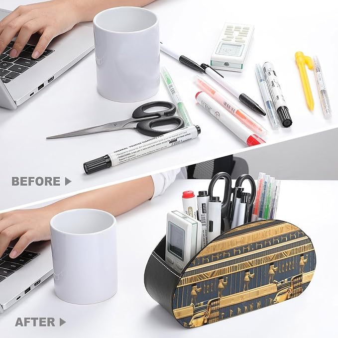 Egyptian Pharaonic Frescoes Remote Control Holder PU Leather Remote Caddy TV Remote Storage Box with 5 Compartments Pencil Storage Box Makeup Brush Holder Office Supplies