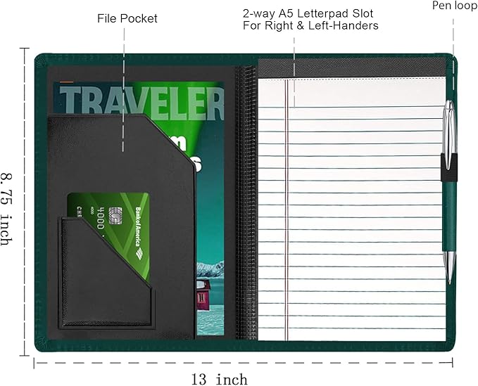 Junior Padfolio Folder - A5 Portfolio Binder Case with 5 x 8 Writing Pad and Interior Storage Pocket Executive Business Organizer for Men Women, Dark Green