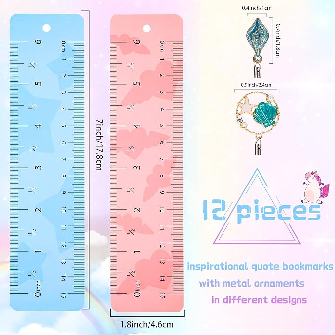 Outus 12 Pieces Unicorn and Rainbow Theme Bookmarks with 12 Pieces Metal Charms Inspirational Quotes Book Marks Unicorn Page Markers for Reading Teens and Adults