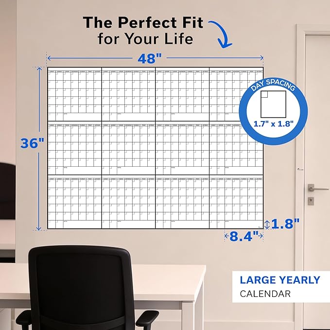 Yearly Large Dry Erase Calendar Wall Planner, 36x48, 12 Month Undated Reusable Laminated Wall Calendar, Blank Erasable Task Organizer with Notes for Office, Classroom & Home