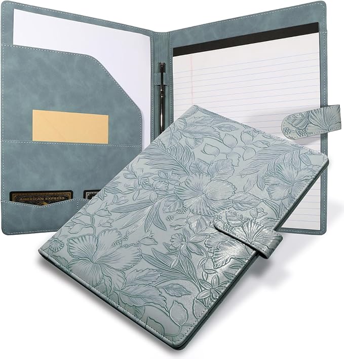 Professional Padfolio Portfolio Binder, Textured Embossing Faux Leather Folder Organizer for Letter Size Legal Pad Notepad Resume, Card Holder for Women Men Business Office Conference (Blue)