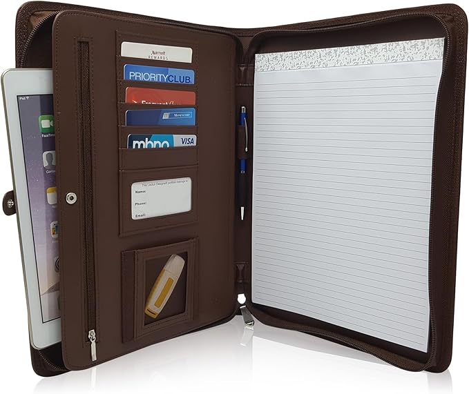 Customized Leather Portfolio Padfolio - Name/Logo Printed on Dark Brown Personalized Faux Leather Business Portfolio Binder & Organizer Folder with 10.5 Inch Tablet Sleeve