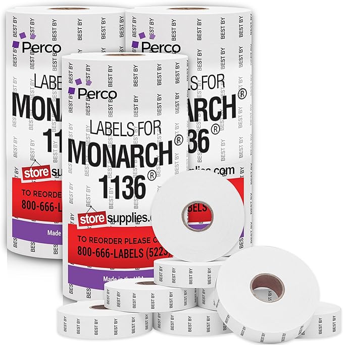 Perco Best by Labels for Monarch 1136 Price Gun - Buy 2 Sleeves Get 1 Free | 24 Rolls, 42,000 Marking Labels - with Bonus Ink Rolls