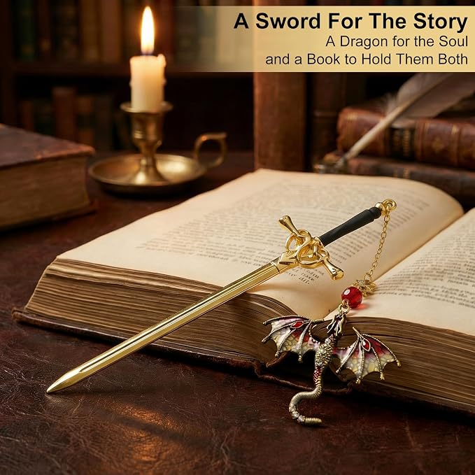 Fourth Wing Dragon Bookmarks,Fantasy Sword Bookmark,Metal Book Markers with Dragon Pendant, Cool Gifts for Men Boys Readers, Perfect Birthday Graduation Presents for Book Lovers (Red&Yellow)