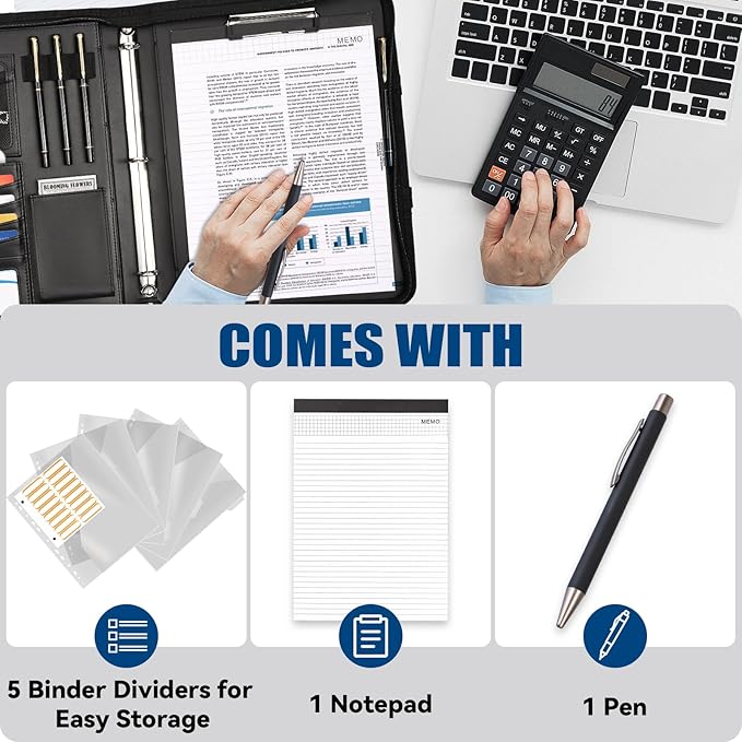 Portfolio Binder 3 Ring Includes Pen and 5 Dividers with 10 Pockets, Padfolio Organizer with Zipper for Men and Women, Includes A4 Notepad for Business, School, Work