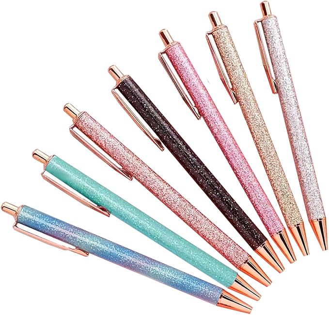 YOUMI 7/8 Pcs Retractable Ballpoint Pen，Pretty Bling Metal Writing Pens，Black Ink Medium Point 1.0 mm Gift Pens, Cute Journaling Pens Office Supplies for Women & Men (set 1)