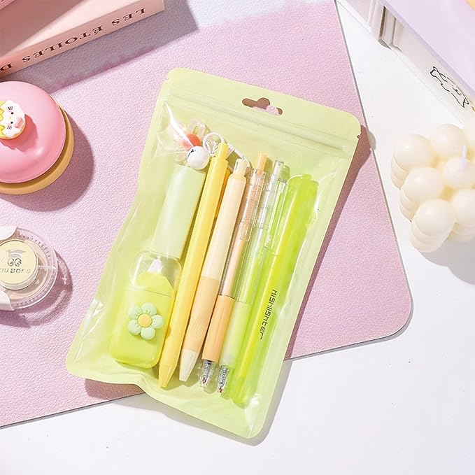 MOZXIRZ 8 Pcs Cute Yellow Stationery Set for Girls Boys Women Back to School Supplies Office Supplies Kawaii Candy Colors Stationery Gift Including Pen Pencil Highlighter Eraser (Yellow)