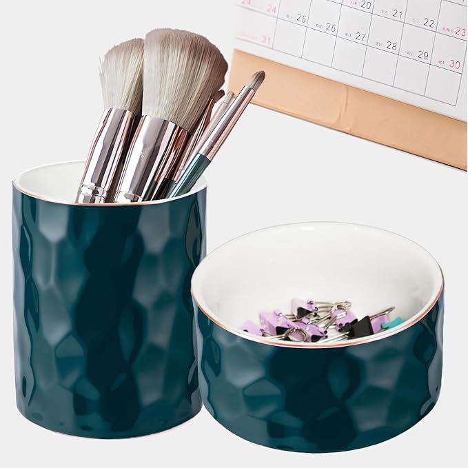 Aesthetic Desk Organizer Set of 2 For Your Office - Sturdy Concrete Desktop Accessories For Women or Men Enhance Any Office Decor - Set incl. Ceramic Pen Holder and Paper Clip Holder(green)