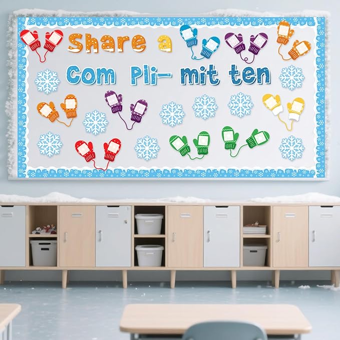 Funrous 45 Pcs Winter Bulletin Board Set Share a Compli-Mitten Interactive Classroom Decor Winter Gloves Snowflake Cutouts Christmas Bulletin Board for Holiday Party School Classroom Home Wall Decor