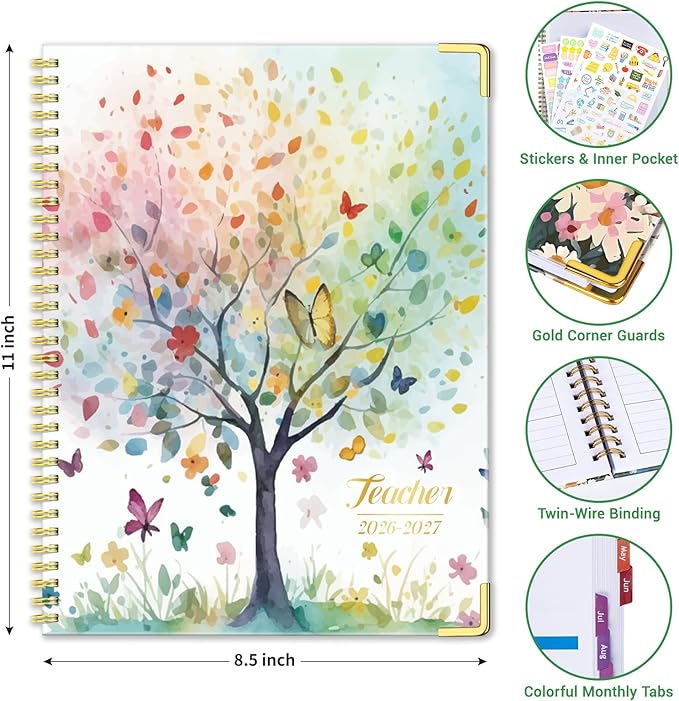 Teacher Planner 2026-2027 Academic Year, Jul.2026 - Jun.2027, 8.5" x 11" Lesson Planner Book for Teachers, Teacher Planners with Colorful Monthly Tabs for Homeschool & Classroom Organization - Tree
