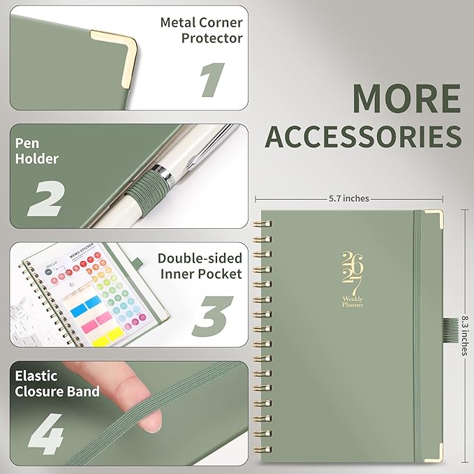 Academic Planner 2026-2027, Weekly and Monthly, A5 Size (5.7" x 8.3"), July 2026 - June 2027, To-do List for Tracking, for School, Home, Office, Hardcover, 12-Month Tabs (Light Green)
