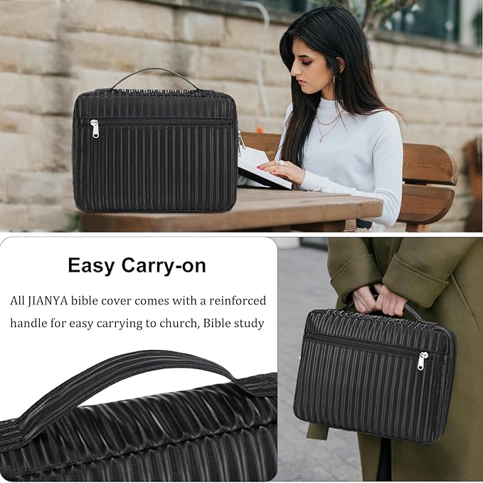 JIANYA Bible Cover Case, Bible Book Cover Carrier Bag with Handle and Zippered Pocket, Bible Carrying Case, Black