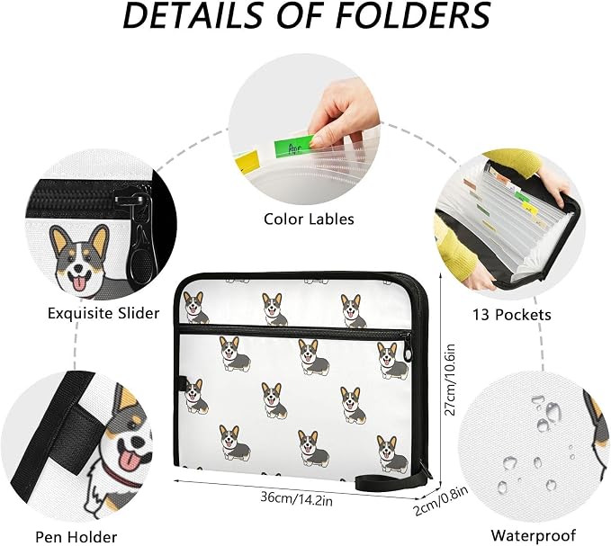 Corgi Tricolor Dog Cartoon File Folders,Plastic Folders with 13 Pockets,Expandable File Folder for Documents School Students Office,Aesthetic Folder with Labels A4 Letter Size
