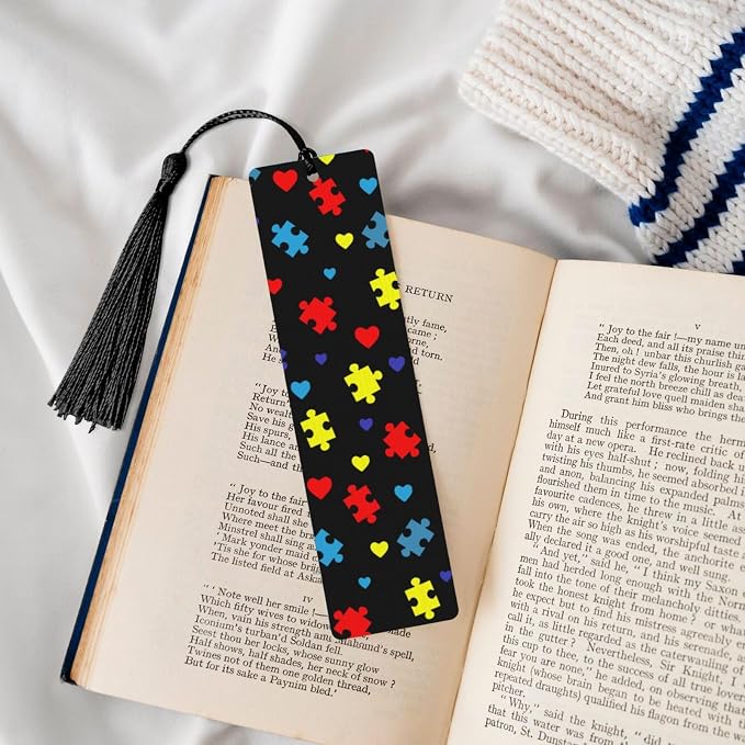 Autism Awareness Colorful Puzzle 5pcs Wood Bookmarks with Tassel for Planner Reading Book Lovers Accessory Readers Men Women 4.6 X 1.2 Inch