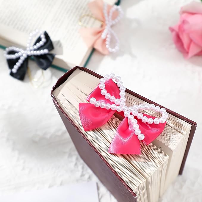 Chunful 3 Pcs Satin Bow Bookmarks with Gold Clip, Pearl Ribbon Bow Paper Page File Planner Marker Paperclips Girly Cute Bookmark for Women Aesthetic Book Lover Gifts Elegant Book Accessories