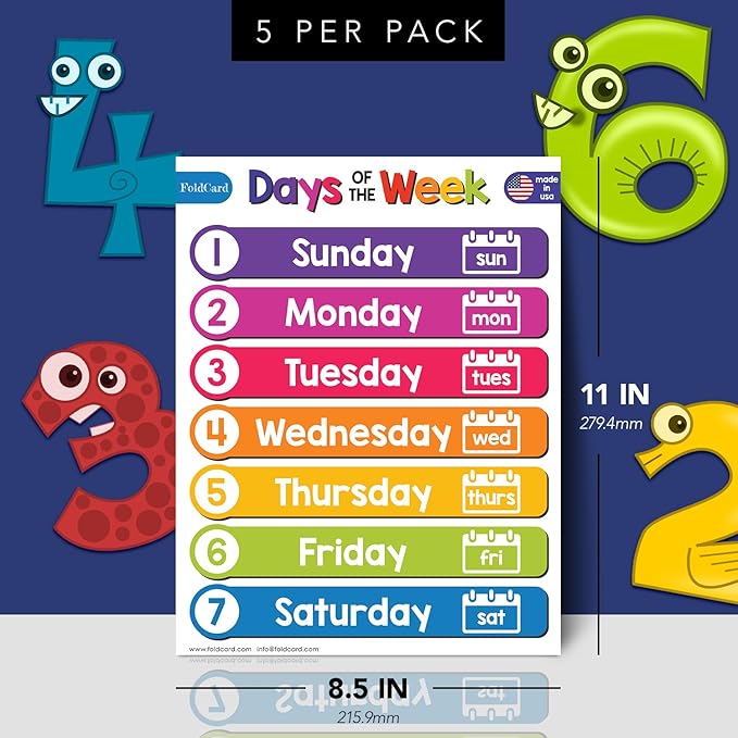 7 Days of the Week Chart for Preschool to Grade 1 Kids – Bright Colorful Educational Visual/Learning Aid Poster Decoration for Classroom or Home | Glossy Durable Cardstock | 8.5" x 11" | 5 per Pack