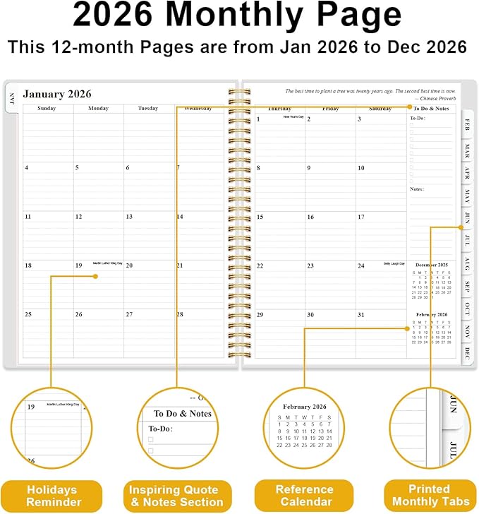 2026 Planner - Weekly and Monthly Planner from Jan 2026 - Dec 2026, Spiral Planning 2026 with 12-Month Tabs, Inner Pocket, 8.5" x 11", Pink Flower