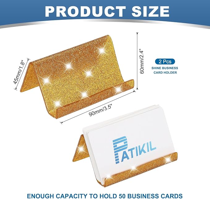 PATIKIL Business Card Holder for Desk, 2Pcs Acrylic Business Card Holders Shine Card Stand Organizer Cards Display for Office Exhibition, Gold Tone