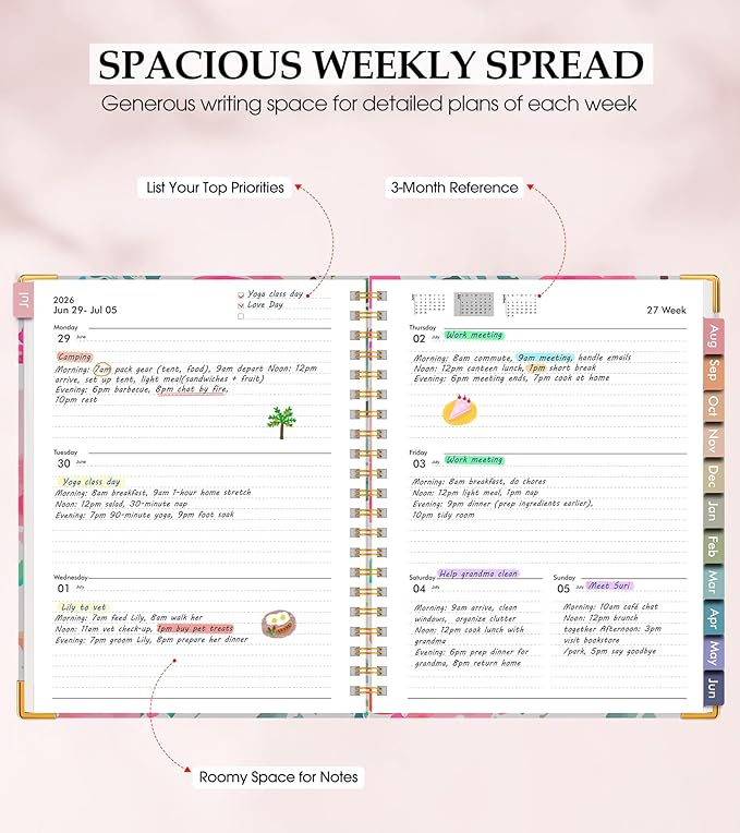 Academic Planner 2026-2027, Hardcover Leather Weekly and Monthly Calendar Planner from July 2026 - June 2027, A5 6.1" x 8.2" Daily Agenda with Tabs, College School Organizer for Student Teacher, Watercolor Blooms