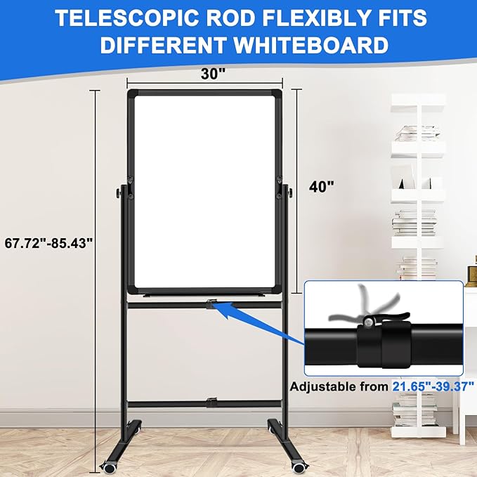 Max-officoo Double Sided Whiteboard & Cork Board on Wheels 30"x40" Adjustable Height & Angle Mobile Magnetic Dry Erase Board with Rolling Stand