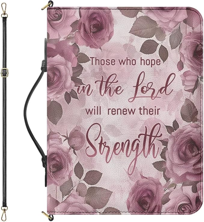 PU Leather Bible Cover,Pink Rose Print with Shoulder Strap XL | Bible Cover with Strap and Handle,PU Leather Bible Protecto, Inner Pockets and Pen Loop, Bible Study Supplies for Girls