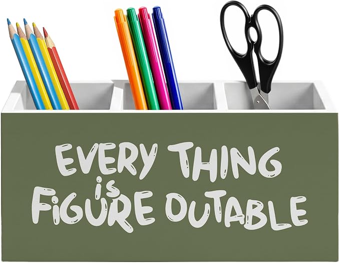 Olive Green Inspirational Pen Holder for Home Office Desk, Everything Is Figureoutable Positive Affirmations Wooden Box Sign Pencil Holder for Desk Shelf Organizer