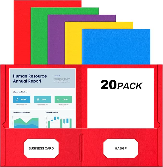 HABGP Two Pocket Folders, 20 Pack Paper Folders with Pockets Fit 8.5 x 11 Letter Size Paper, 20 Assorted Colors File Folders with Pockets and Business Card Slots for School Office Home Business