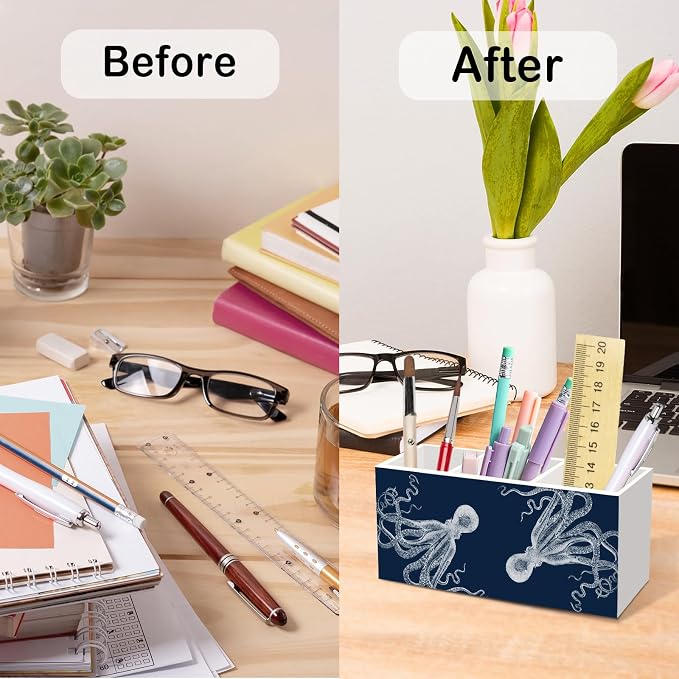 Navy Blue Octopus Pen Pencil Holder for Desk, Coastal Octopus Office Desk Accessories, Nautical Octopuses Gifts Pen Holders Organizer for Classroom Bathroom Kids Women, Navy Blue Office Decor