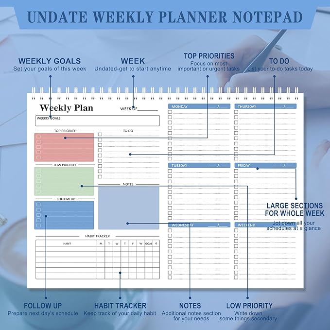 Ymumuda Weekly To Do List Notepad - Daily To Do List Undated 52 - Week Sheets, 8.5x11" Weekly Goal Notebook, Habit Tracker Journal, Excellent for Student School Work Personal Productivity Organizer